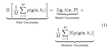 Uncertainty decomposition: the total predictive uncertainty of the ensemble splits into model (epistemic) uncertainty and aleatoric uncertainty.